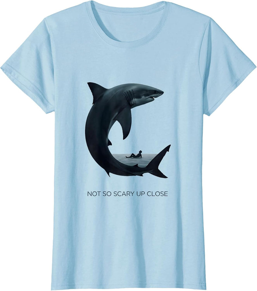 Women's Not So Scary Up Close Minimalist Shark Lover Humor Ocean T-Shirt - Baby Blue