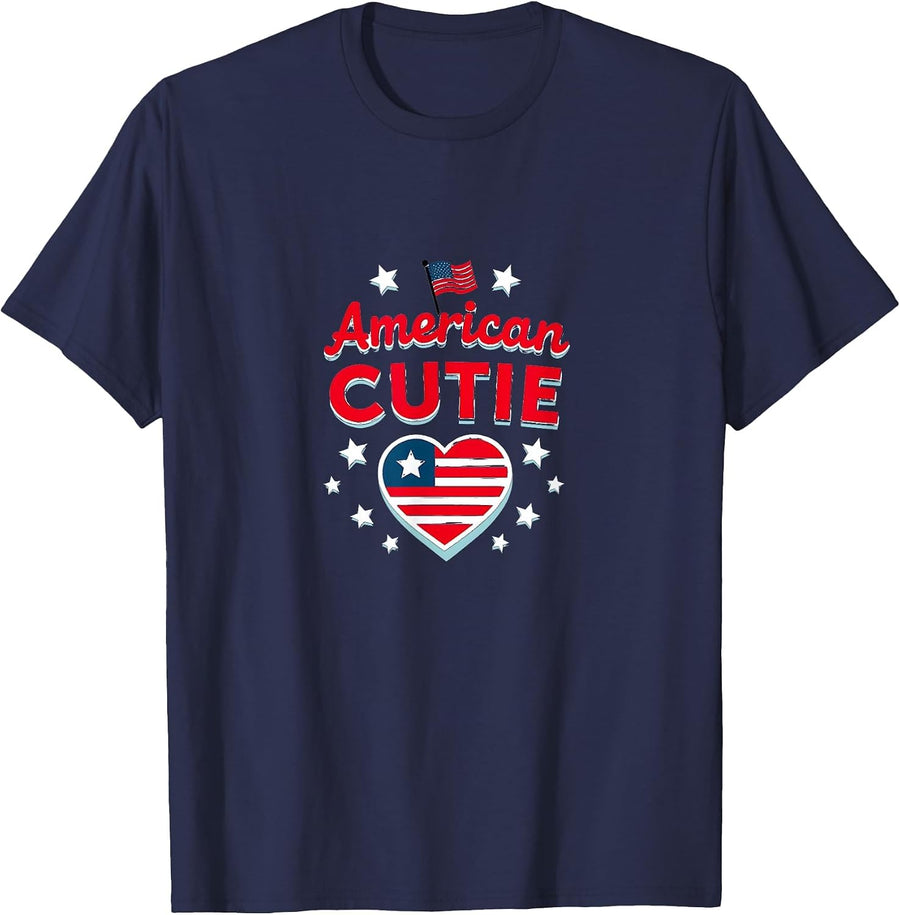 American Cutie Patriotic Kids Flag Heart Stars 4th of July T-Shirt - Navy Blue