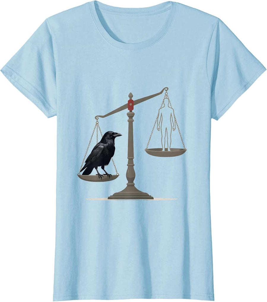 Women's Black Crow Balance Scale Dark Humor Gothic Bird Lover T-Shirt - Baby Blue