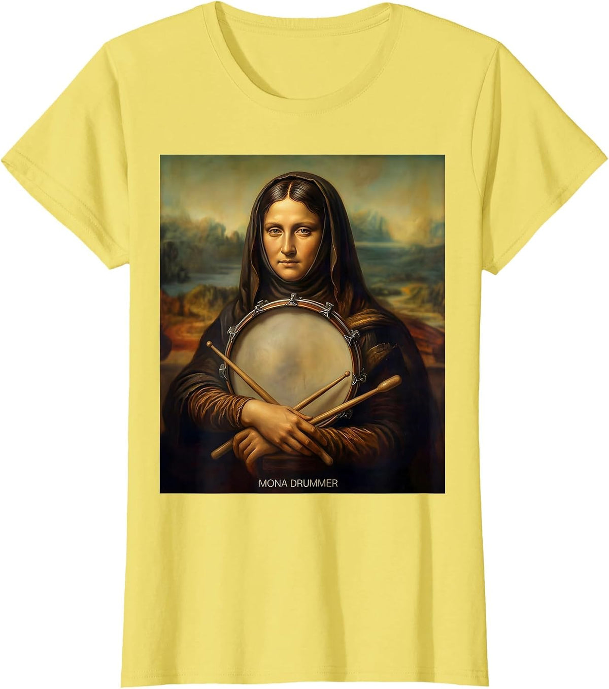 Women's Mona Drummer Funny Renaissance Art Parody Humor T-Shirt - Lemon Yellow