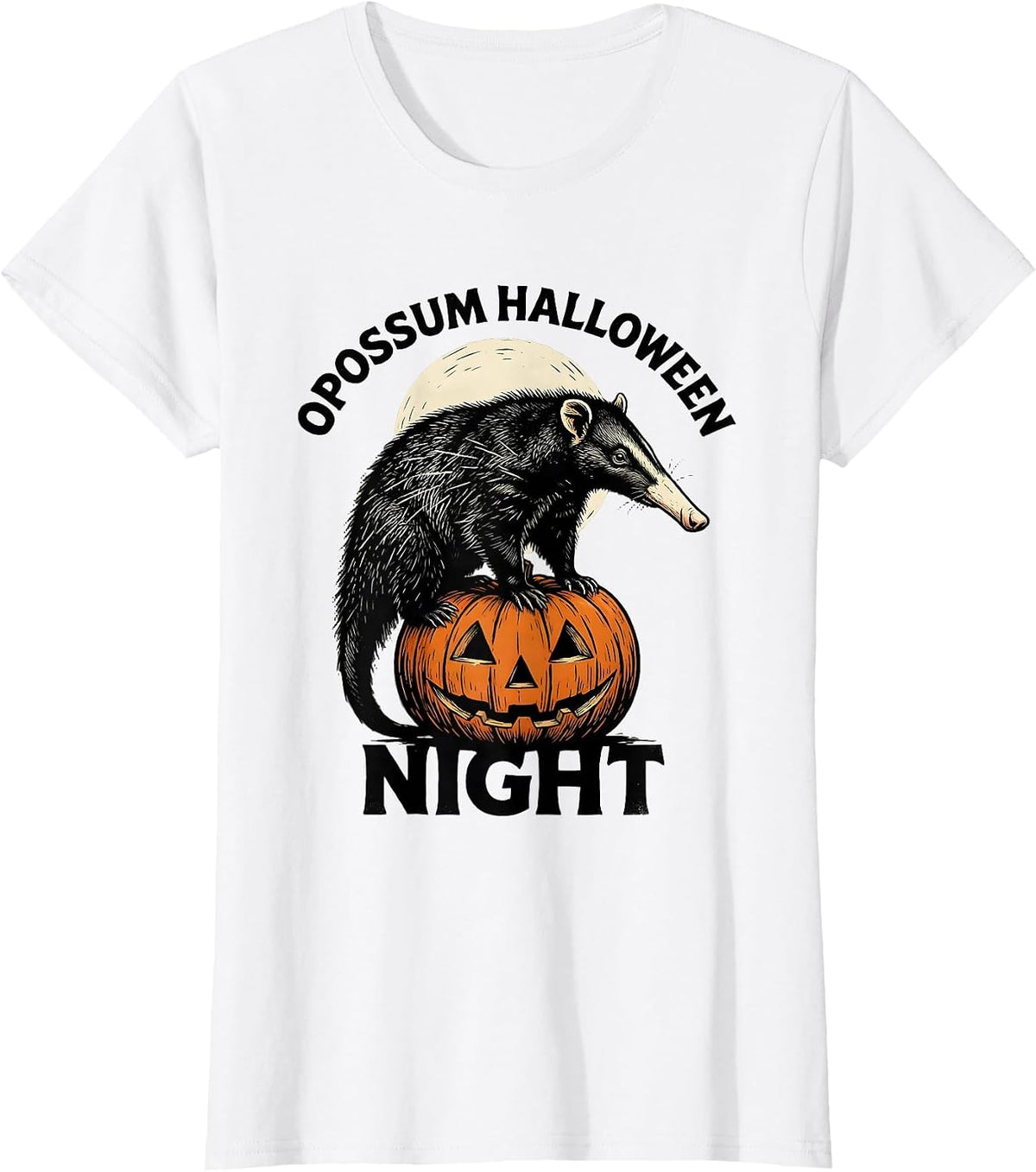 Opossum Halloween Night Linocut Spooky Moon Novelty T-Shirt - White