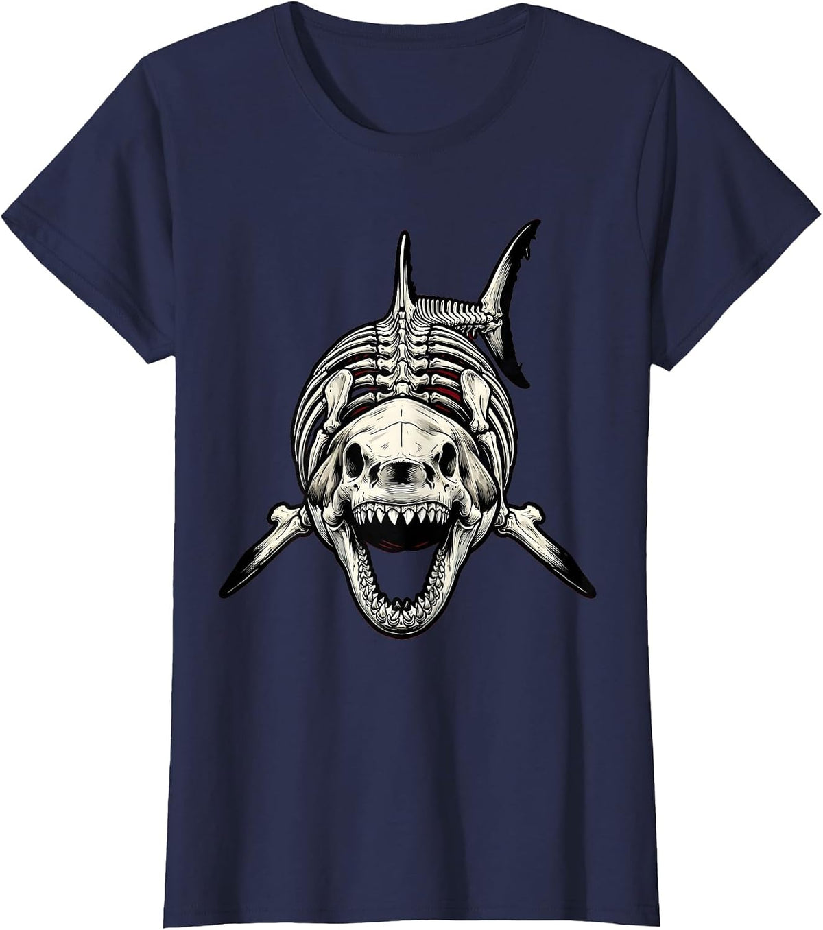 Women's Shark Skeleton Museum Pose Graphic T-Shirt - Navy Blue