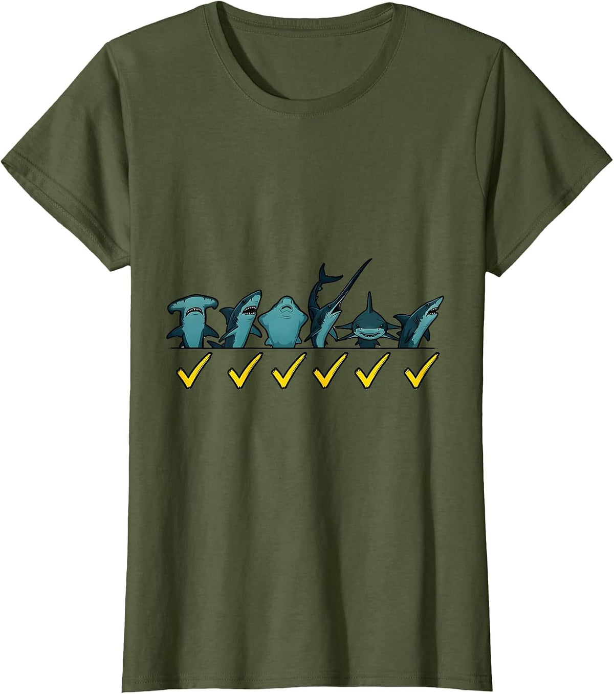 Women's Shark Species Chart Cartoon Marine Wildlife Enthusiast T-Shirt - Olive Green