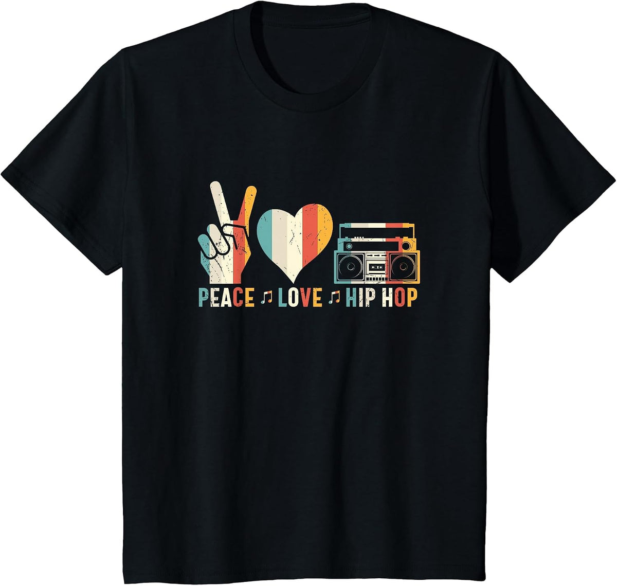 Peace Love Hip Hop, Retro Vintage, Music Lover Design T-Shirt - Black
