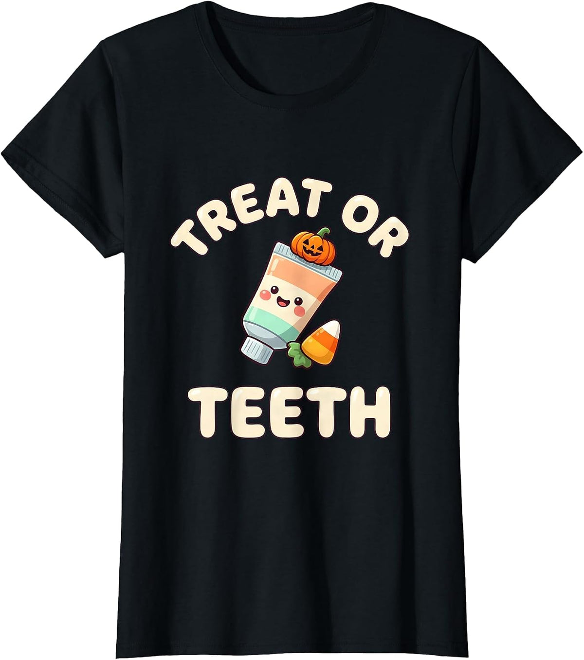 Treat Or Teeth Cute Kawaii Dental Hygienist Halloween Humor T-Shirt - Black