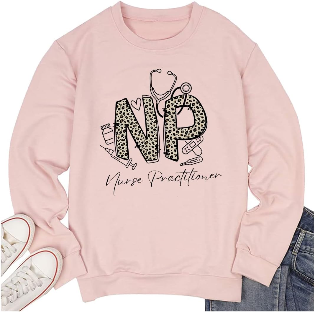 TSIIUO Funny Nurse Practitioner Sweatshirt for Women NP Nurse Life Shirts Leopard Nursing Long Sleeve Pullover Tops - Pink