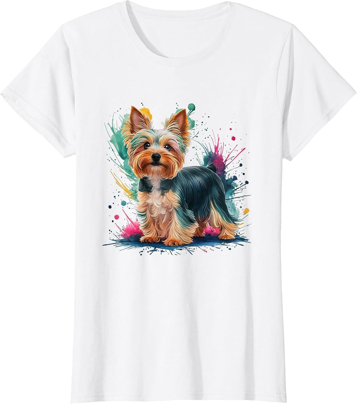 Men Woman Colorful Watercolor Yorkshire Terrier T-Shirt - White
