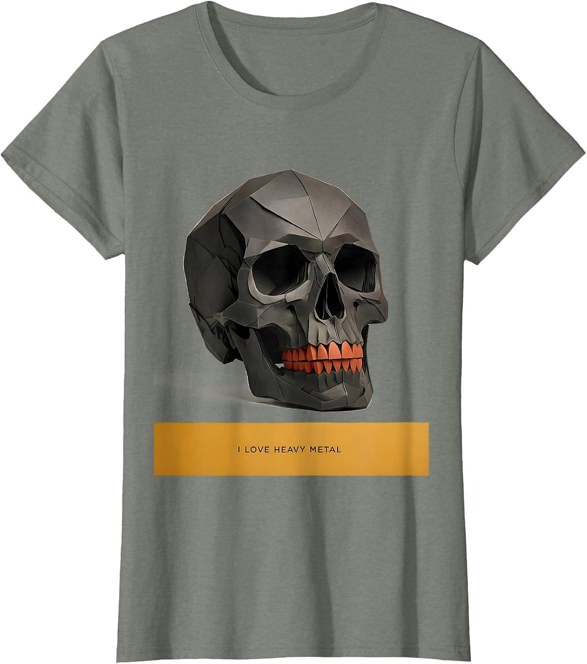 Women's I Love Heavy Metal Funny Rock Fan Skull Paper Cutout T-Shirt - Olive Heather