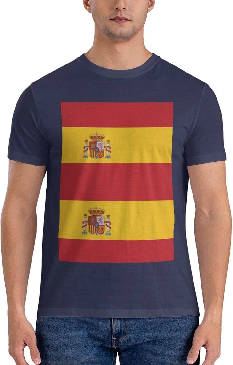 Spanish Flag Men's 100% Cotton Crewneck T-Shirt - Soft Breathable Black Short Sleeve Everyday Tee - Navy Blue