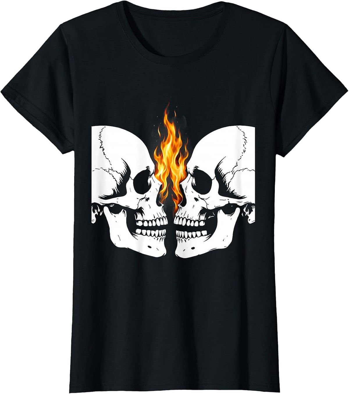 Dual Skull Flames Metal Band Graphic Design T-Shirt - Black