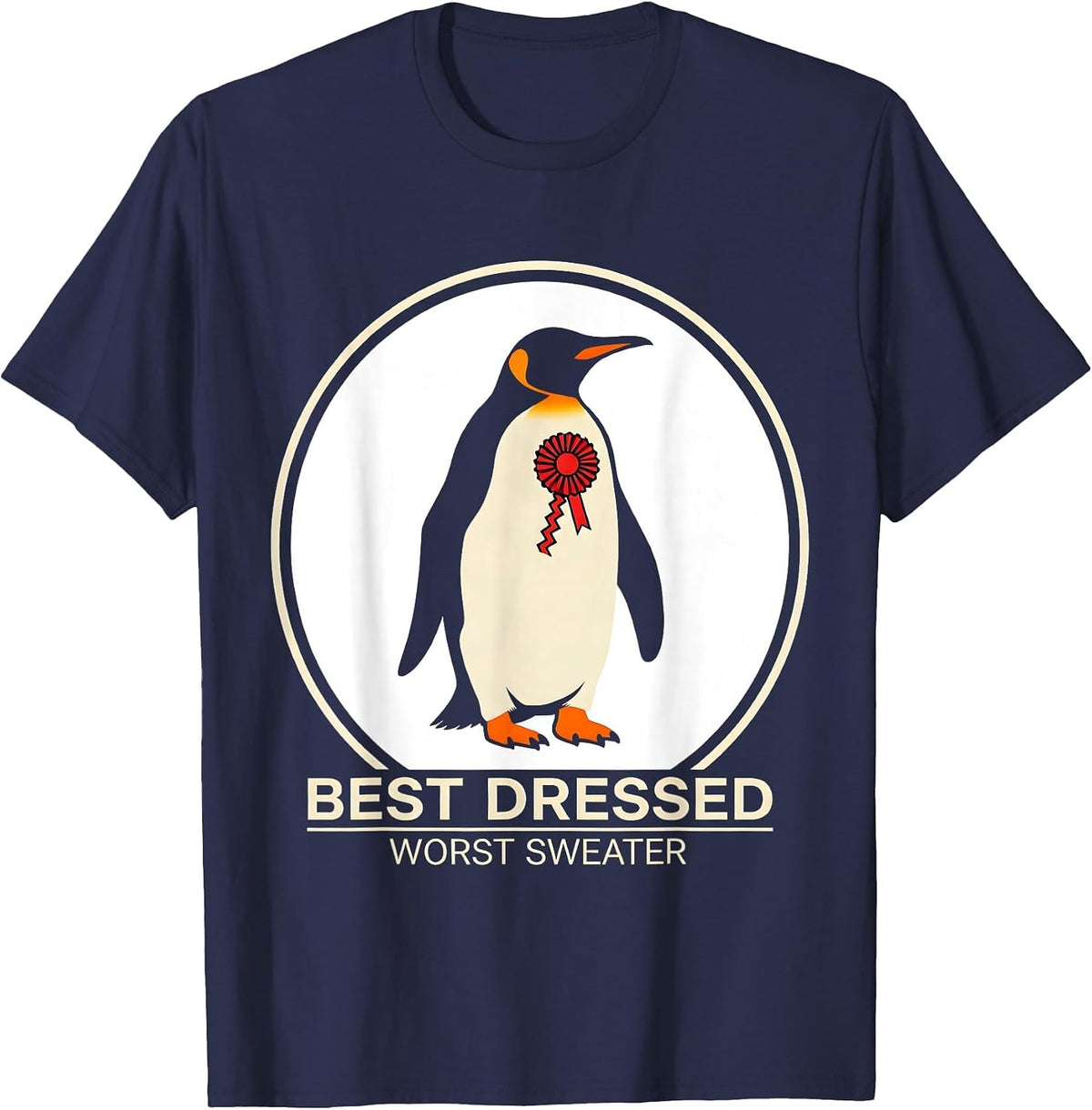 Men's Best Dressed Worst Sweater Funny Penguin Ugly Christmas T-Shirt - Navy Blue