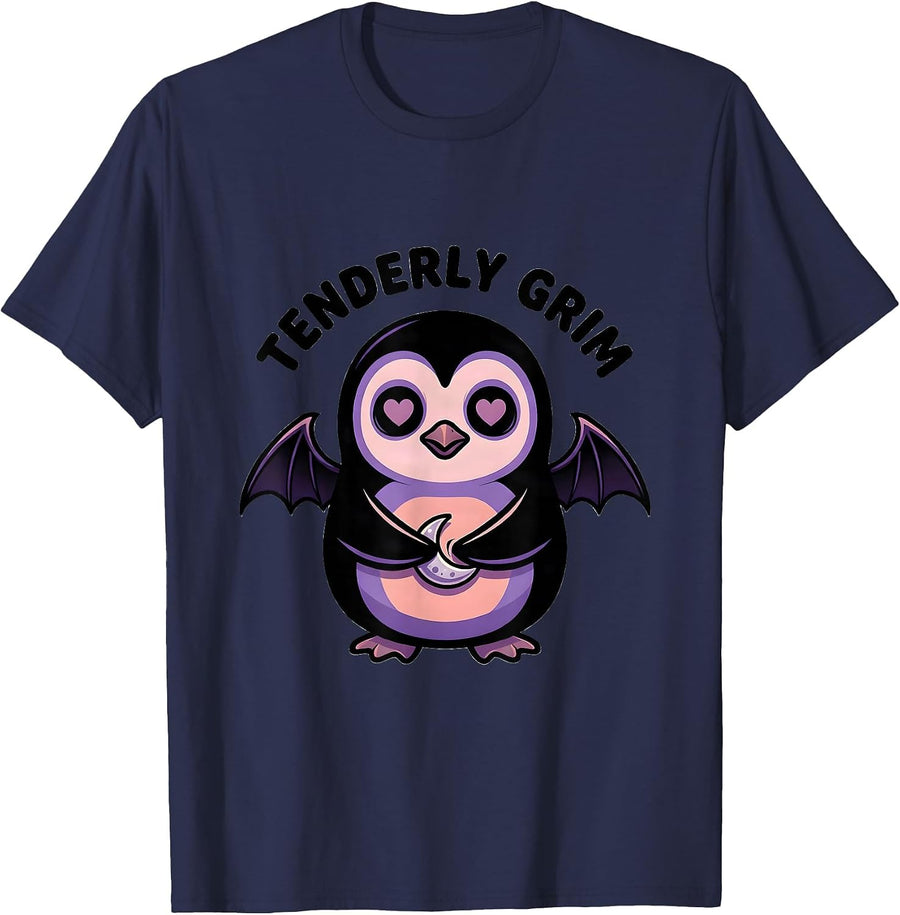 Tenderly Grim Pastel Goth Kawaii Chibi Penguin Occult T-Shirt - Navy Blue