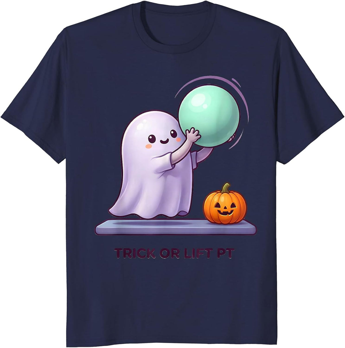 Men's Trick Or Lift PT Cute Kawaii Ghost Physical Therapist T-Shirt - Navy Blue