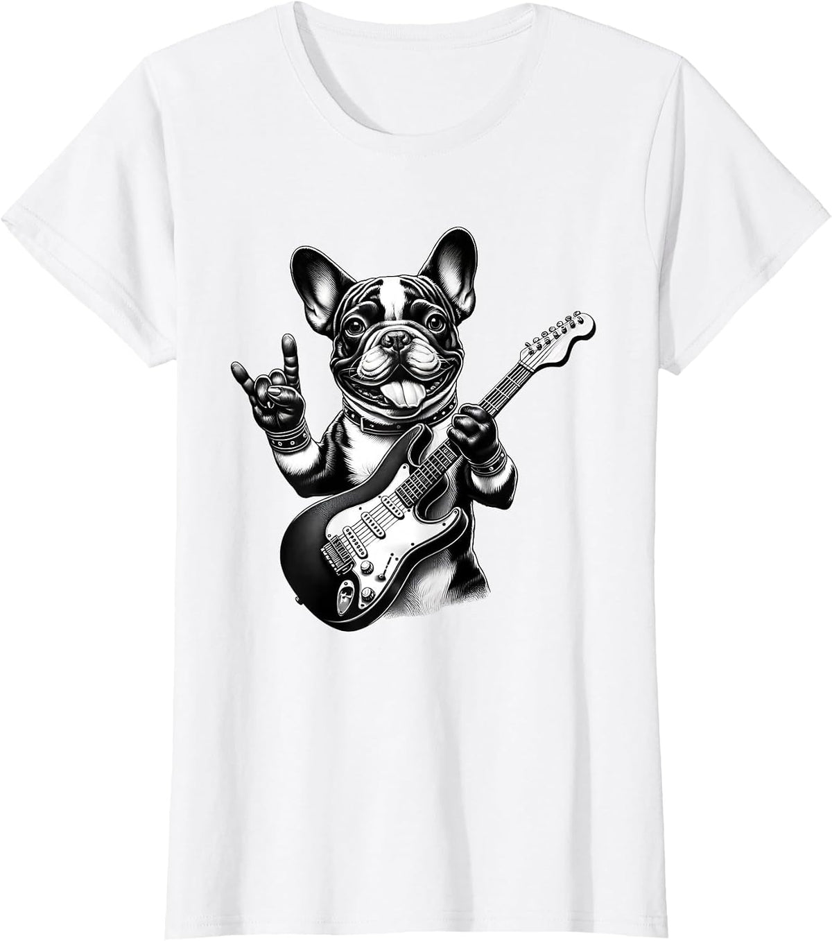 French Bulldog Playing Electric Guitar Rock Star Frenchie T-Shirt - White