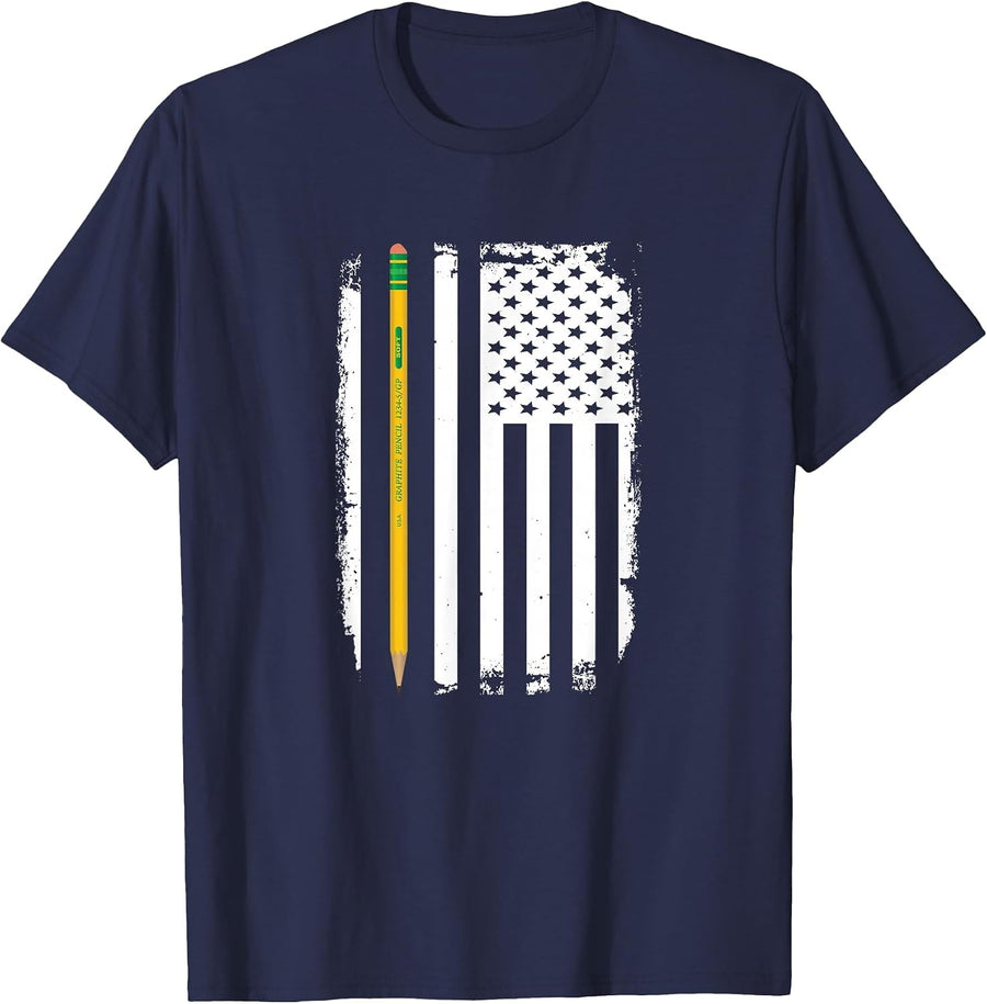 Thin Pencil Line American Flag Teacher T-Shirt - Navy Blue