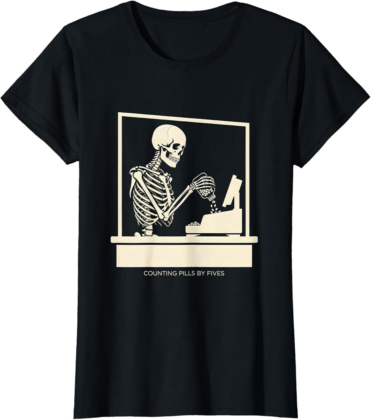 Counting Pills By Fives Skeleton Pharmacy Technician T-Shirt - Black