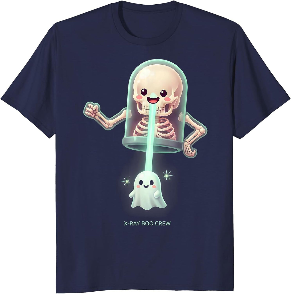 Men's X-Ray Boo Crew Cute Kawaii Halloween Radiology Tech Ghost T-Shirt - Navy Blue