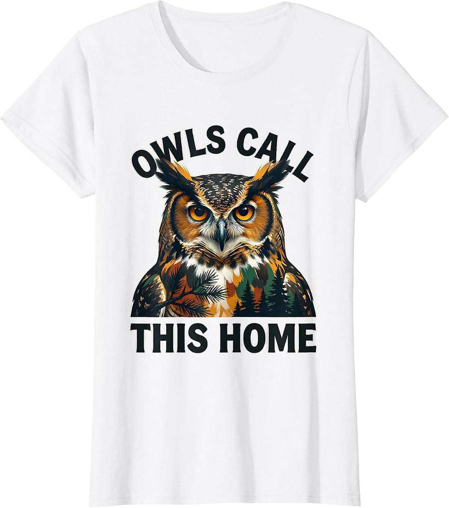Women's OWLS CALL THIS HOME Gouache Poster Wildlife Portrait Forest T-Shirt - White