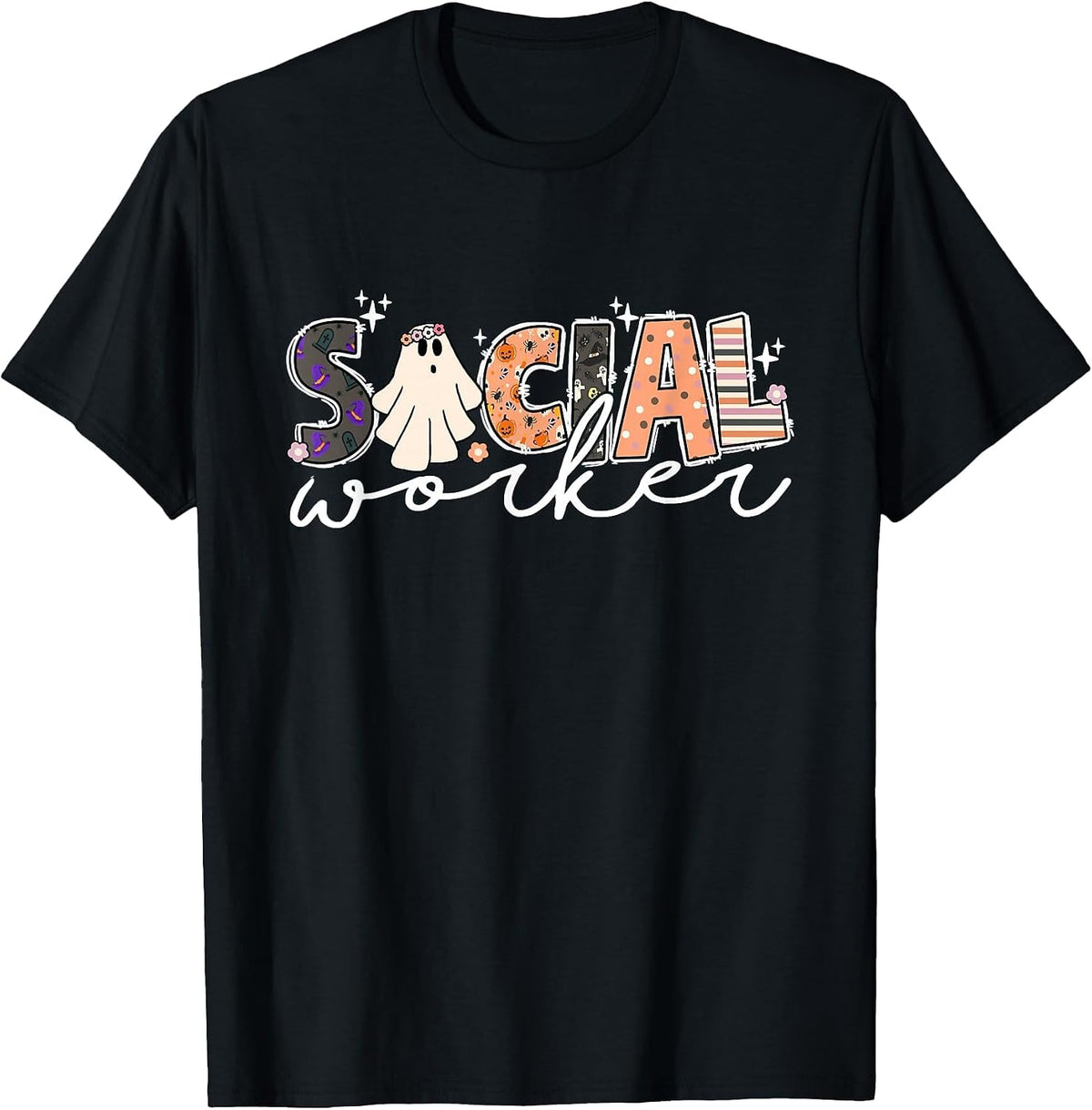 Social Worker Halloween School Social Work Retro Ghost Funny T-Shirt - Black