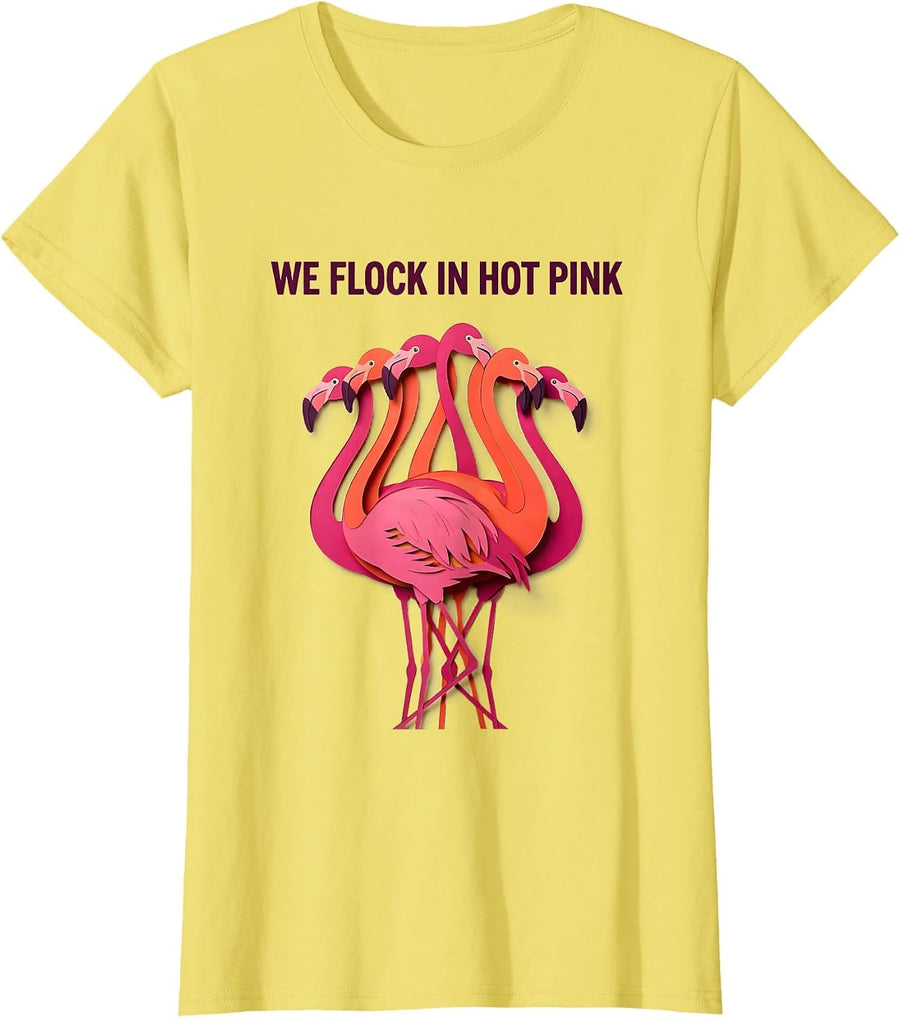 Women's We Flock In Hot Pink Funny Flamingo Lover Summer Vacation T-Shirt - Lemon Yellow
