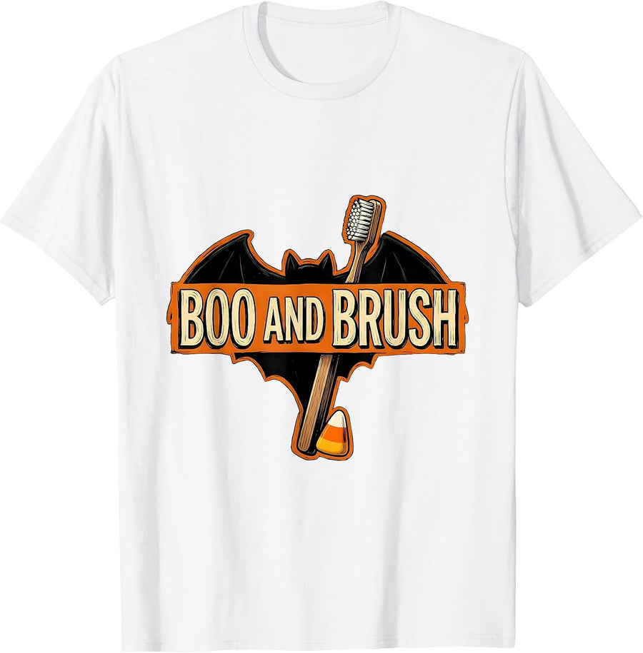 Men's Boo And Brush Funny Dental Hygienist Halloween Pun Humor T-Shirt - White
