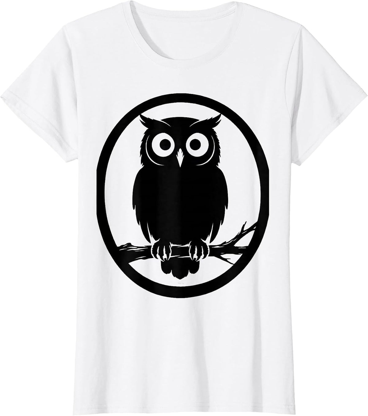 Wise Owl on Branch Wide Eyes Nature Illustration T-Shirt - White