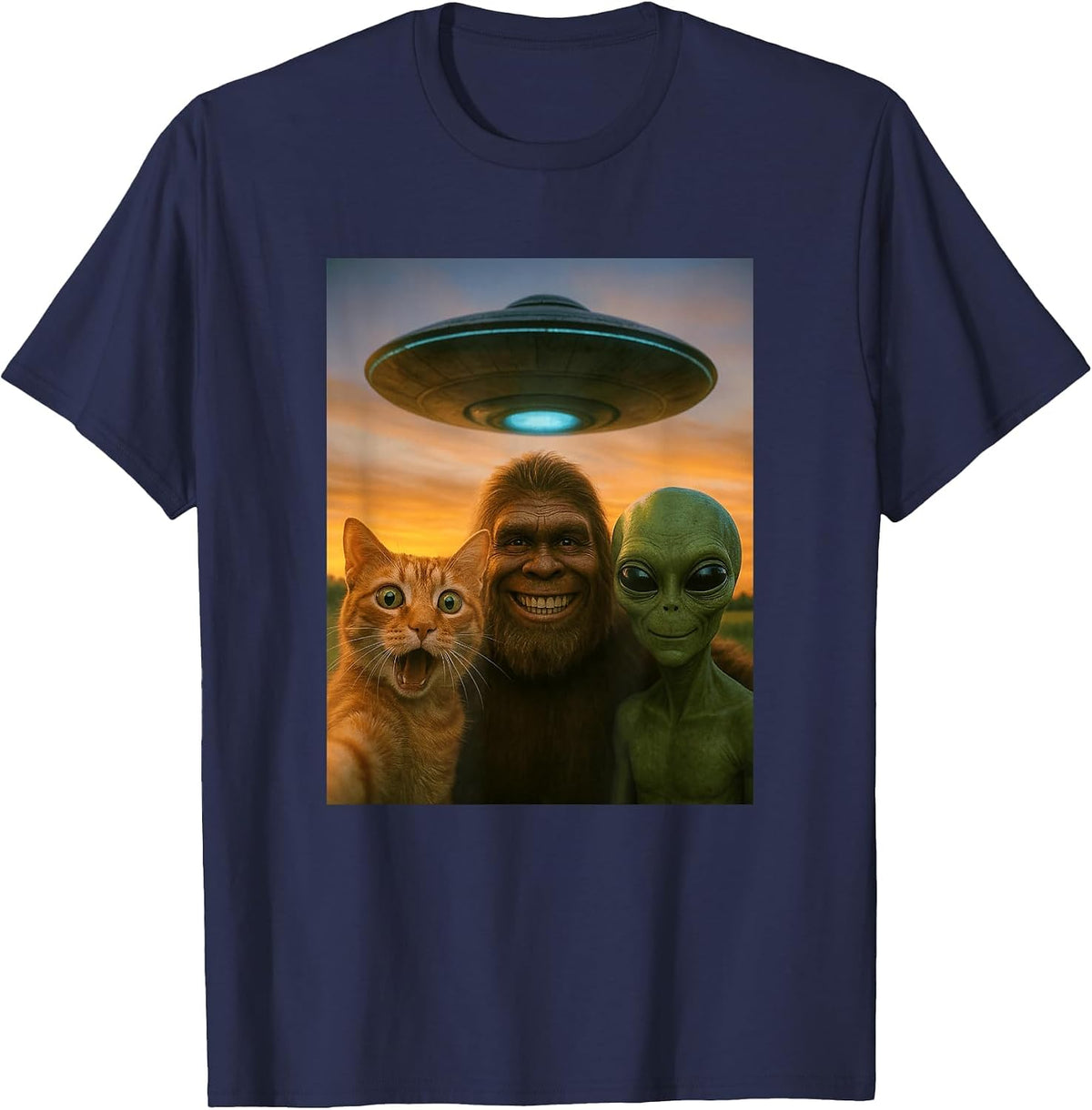 Orange Cat Selfie Bigfoot UFO Alien T-Shirt - Navy Blue