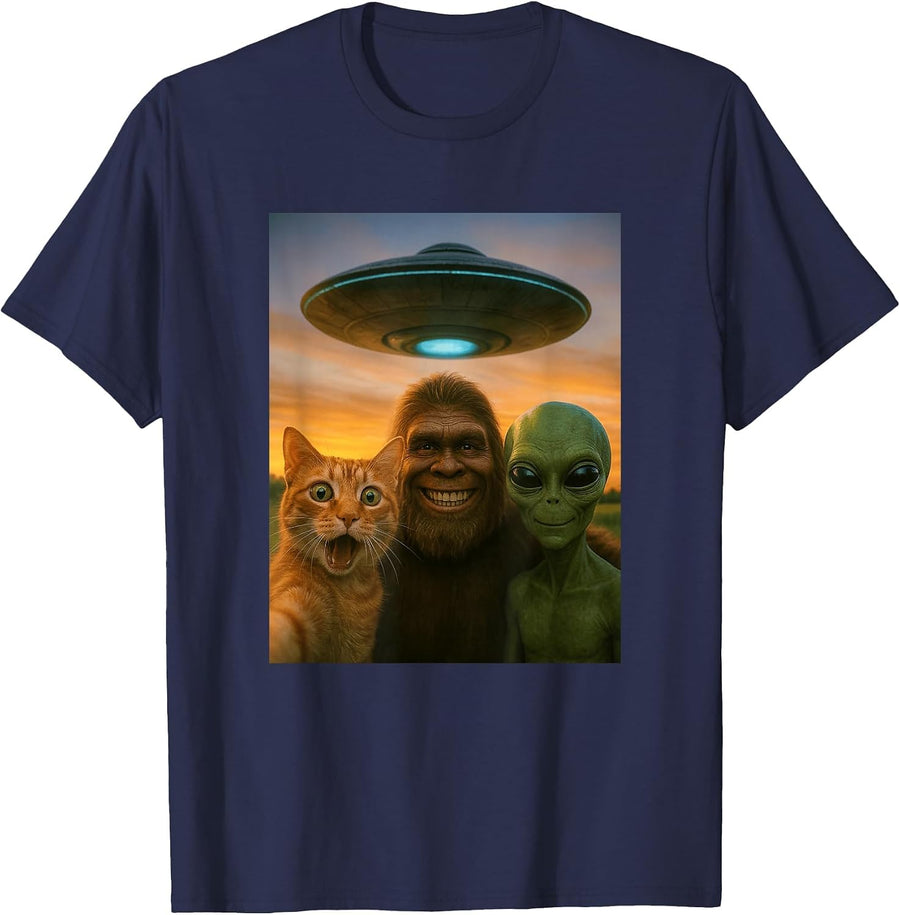Orange Cat Selfie Bigfoot UFO Alien T-Shirt - Navy Blue