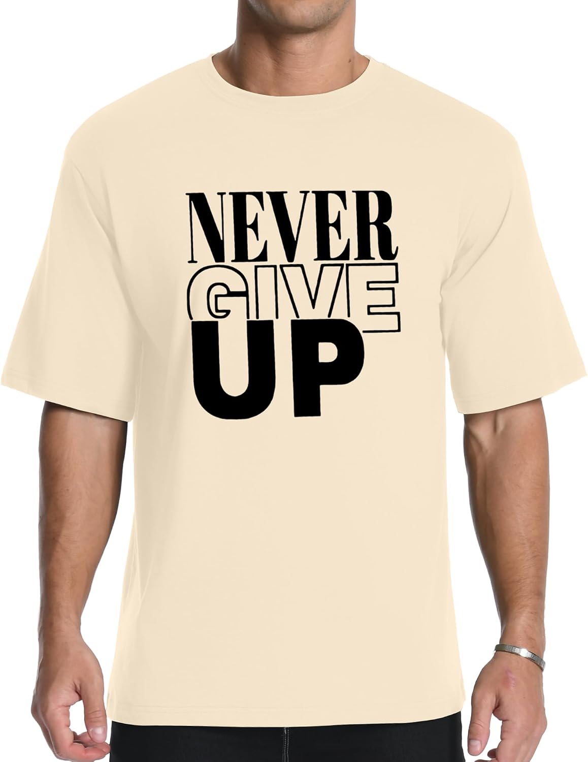 AIYINO Men's Never Give Up Tee – Bold Slogan Graphic - Apricot