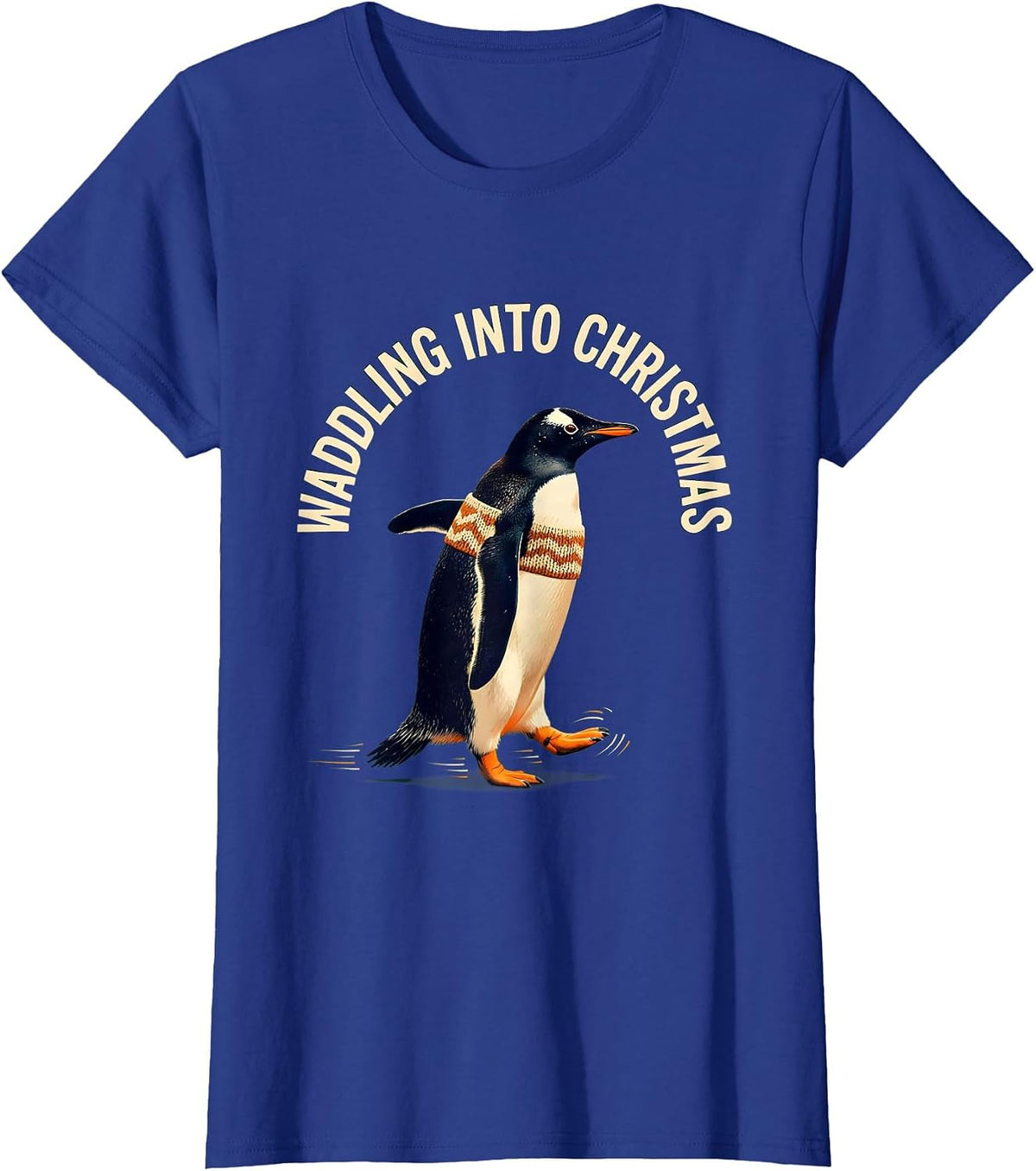 Women's Waddling Into Christmas Funny Penguin Lover Ugly Christmas T-Shirt - Royal Blue