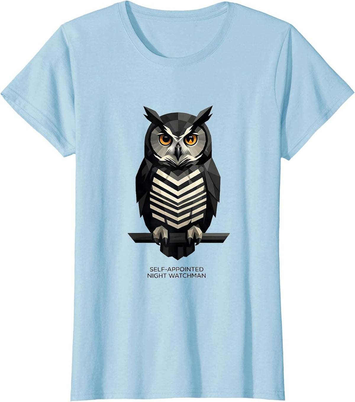 Women's Self-Appointed Night Watchman Geometric Owl Lover Nature Art T-Shirt - Baby Blue
