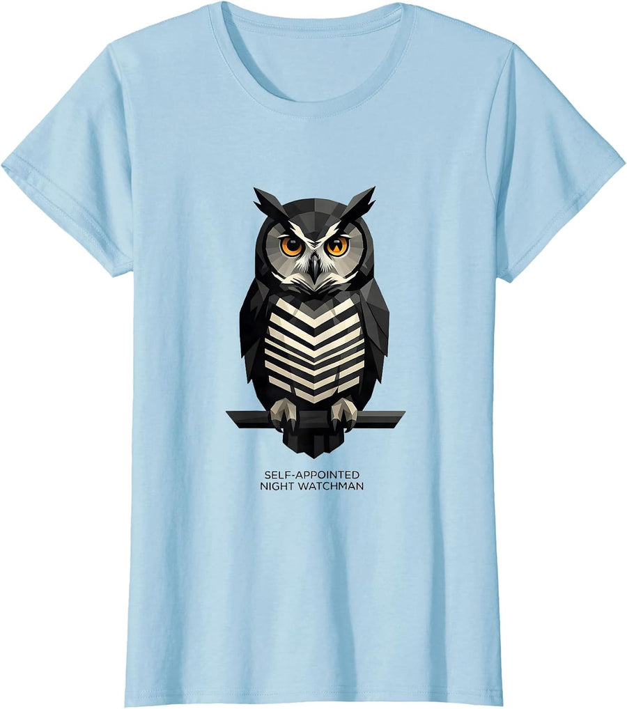 Women's Self-Appointed Night Watchman Geometric Owl Lover Nature Art T-Shirt - Baby Blue