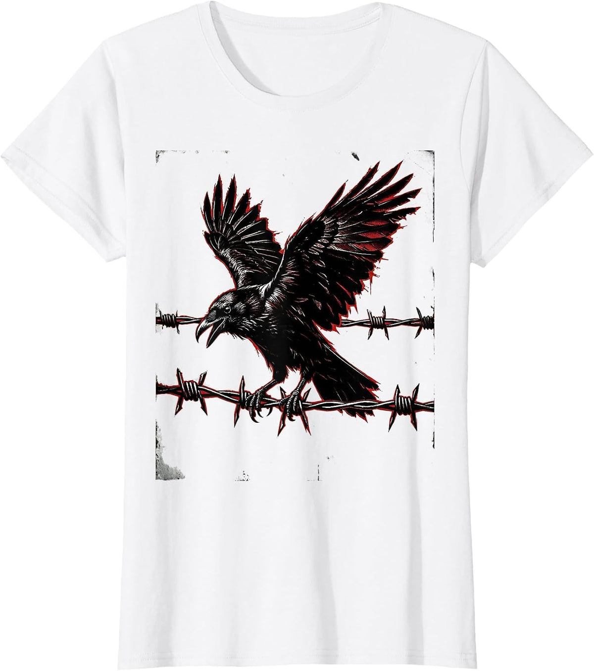 Punk Rock Crow on Barbed Wire Illustration T-Shirt - White