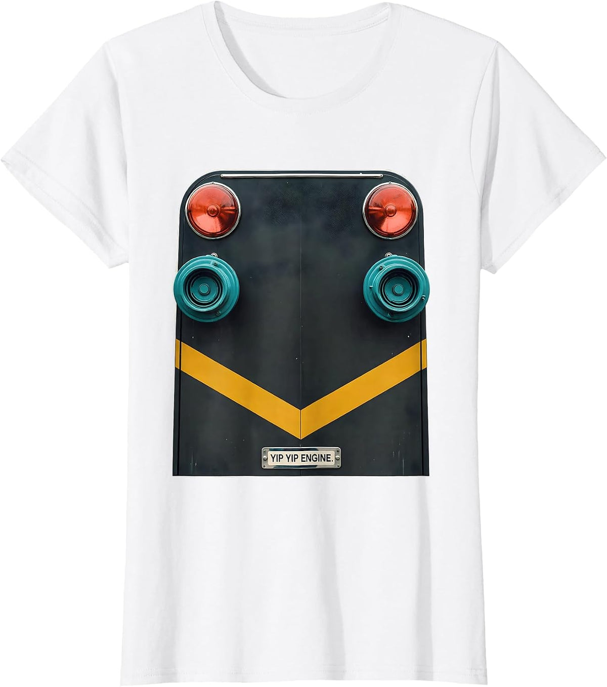 Women's Yip Yip Engine Midcentury Modern Firefighter Humor Tribute T-Shirt - White