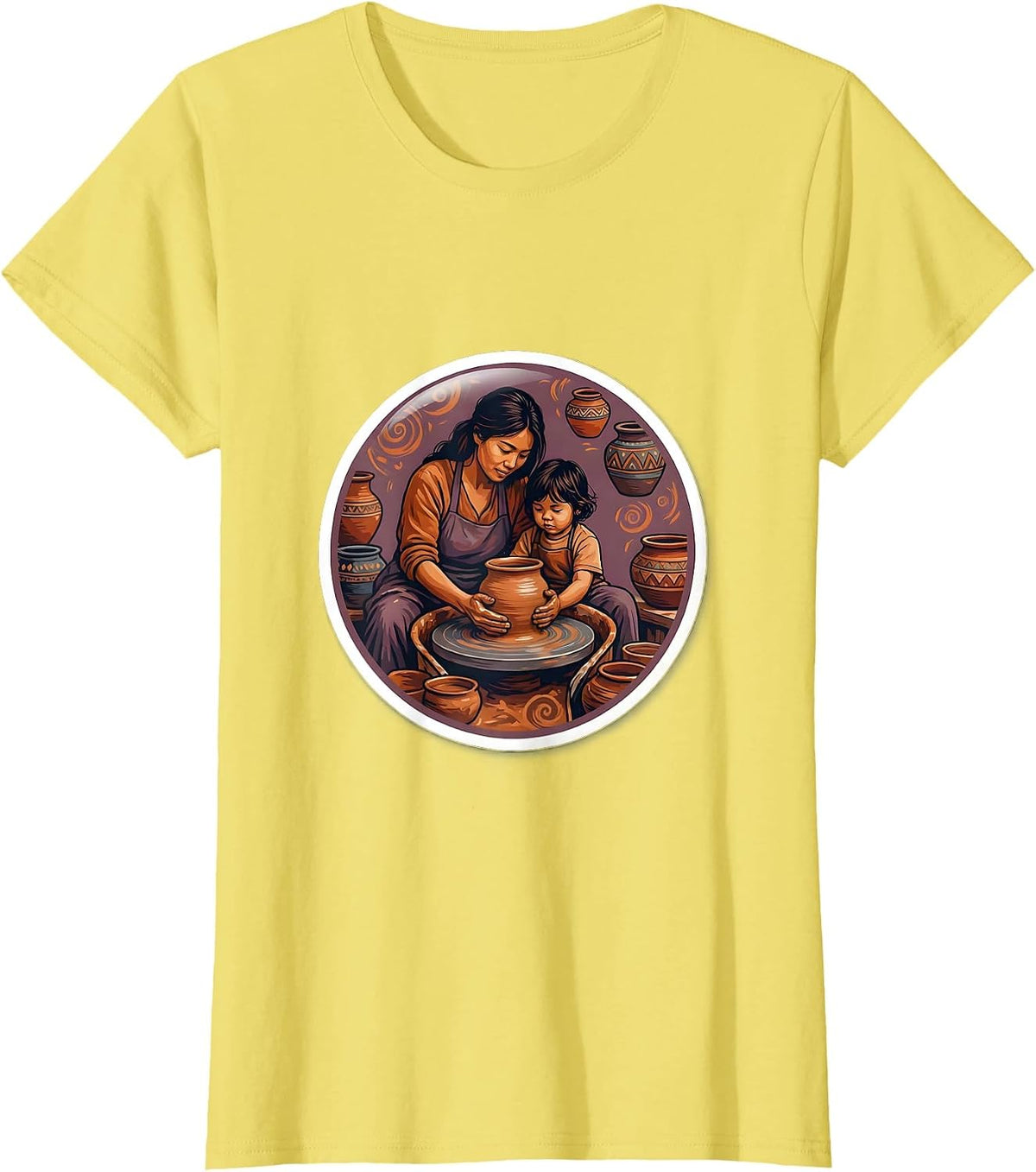 Aunt and Child Pottery Painting Art Design T-Shirt - Lemon Yellow