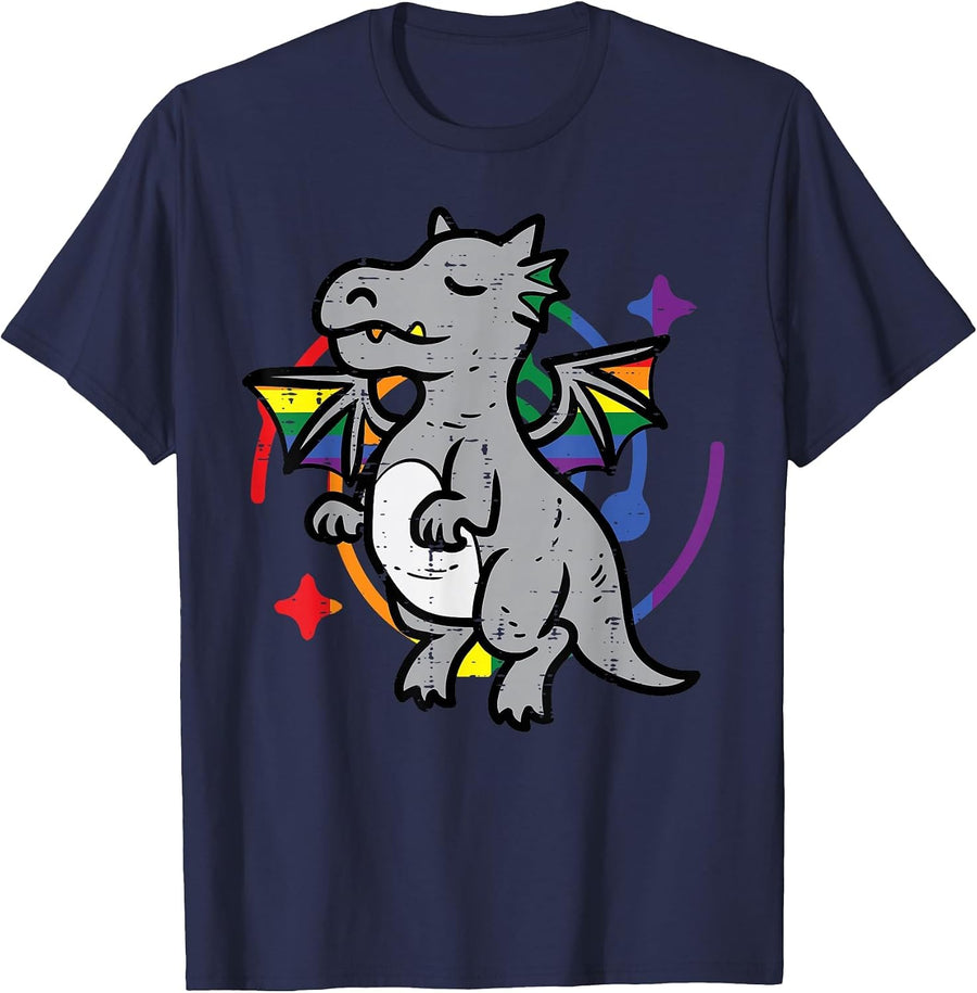 Gay Pride Dragon Funny Rainbow Flag LGBT Ally Men Boys Kids T-Shirt - Navy Blue