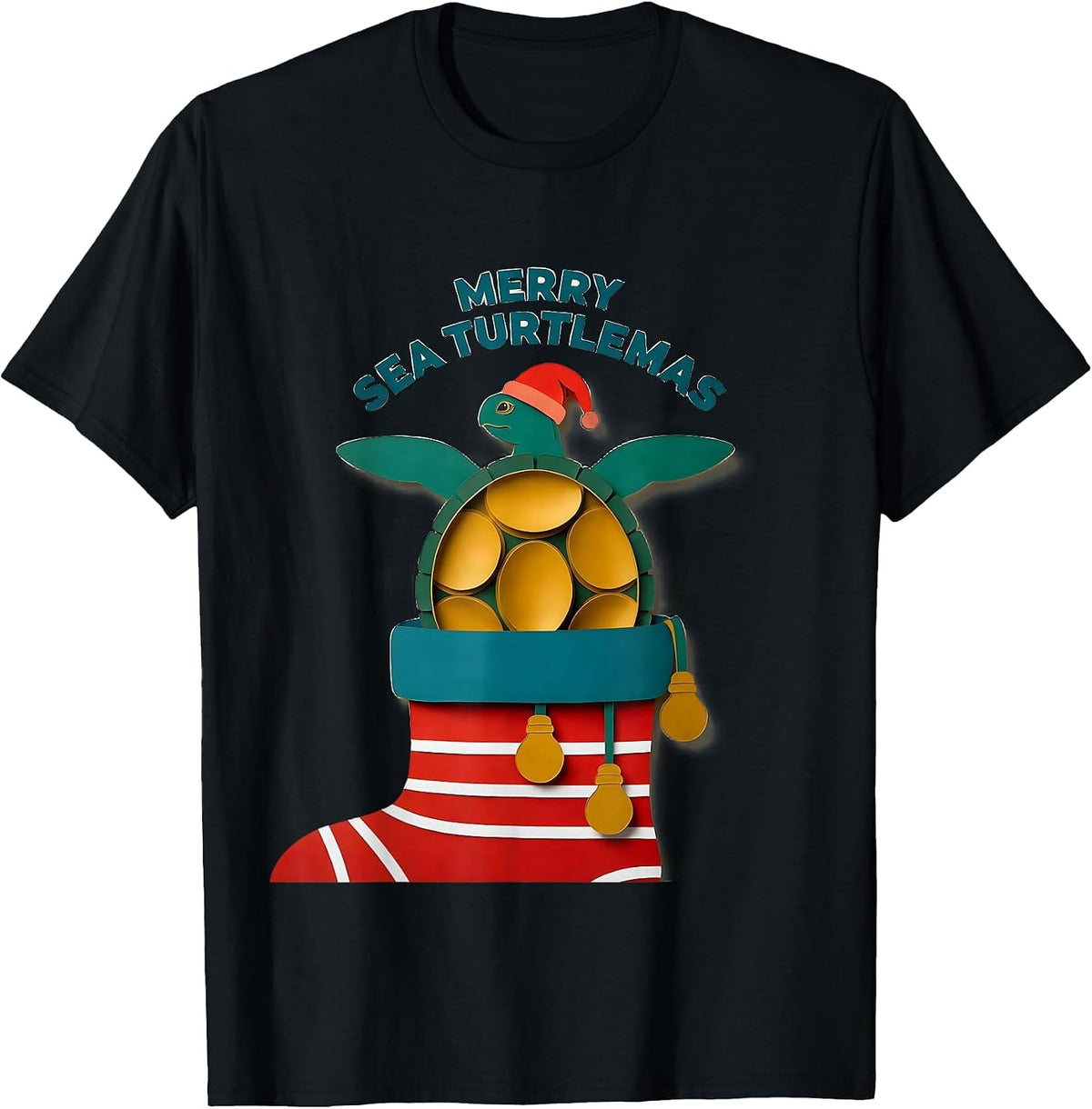 Men's Merry Sea Turtlemas Paper Cutout Sea Turtle Lover Holiday T-Shirt - Black