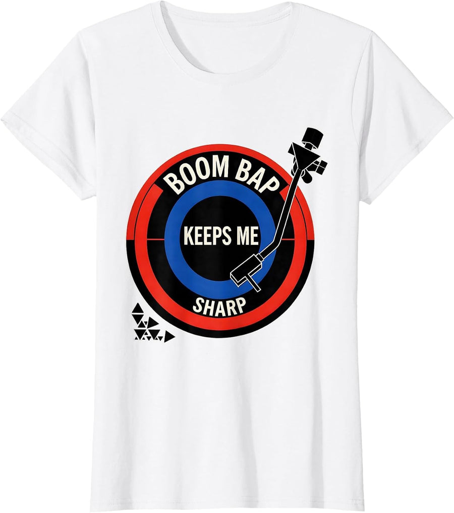 Women's Boom Bap Keeps Me Sharp Vintage Hip-Hop Lyric Quote Retro T-Shirt - White