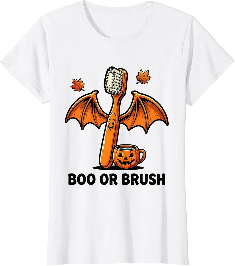 Women's Boo Or Brush Funny Dental Hygienist Halloween Costume T-Shirt - White