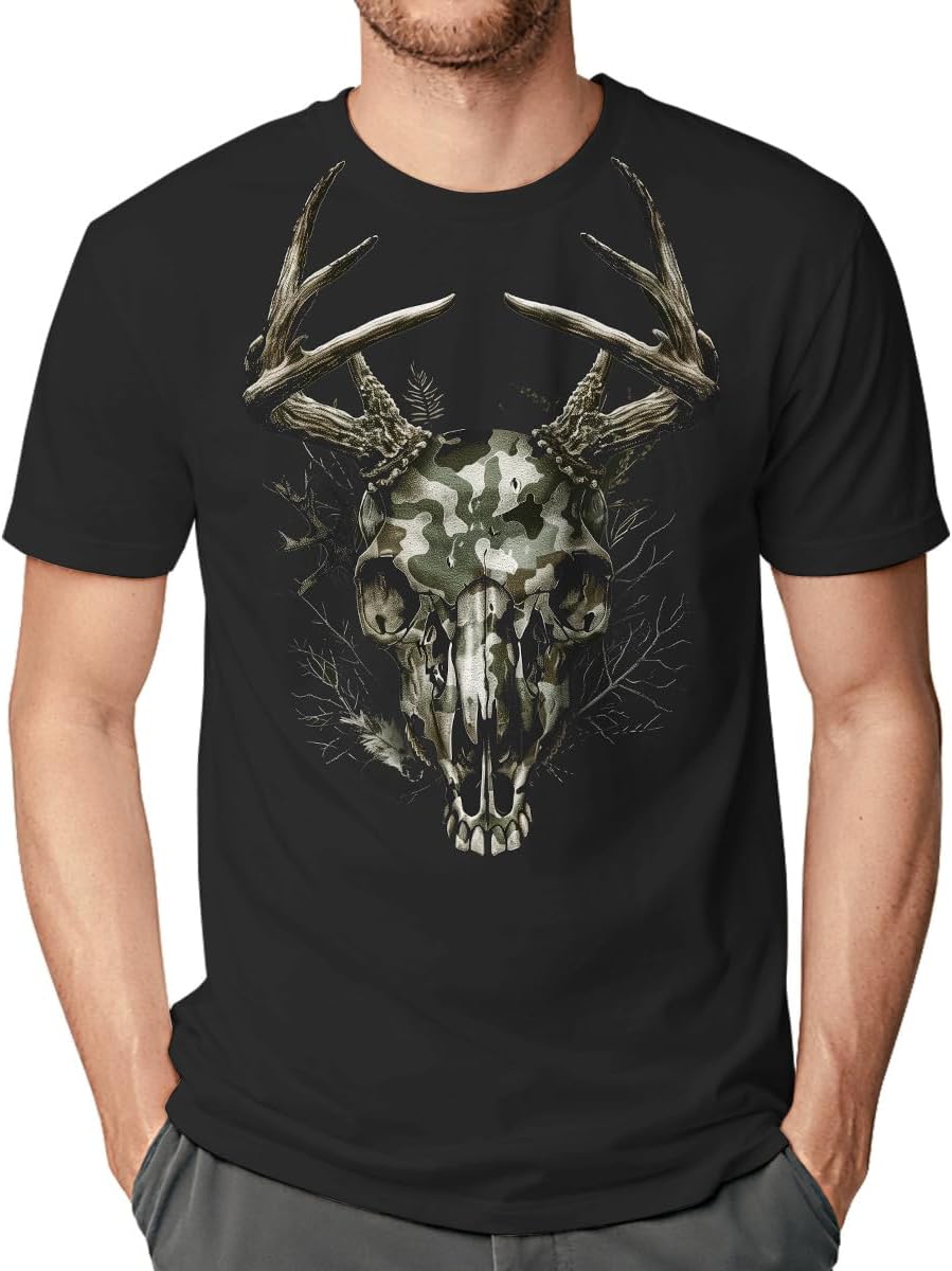 Mens Camo Deer T-Shirt Camouflage Deer Skull Graphic Tee Outdoor Hunting Streetwear Shirt - Deer Shirt Black2