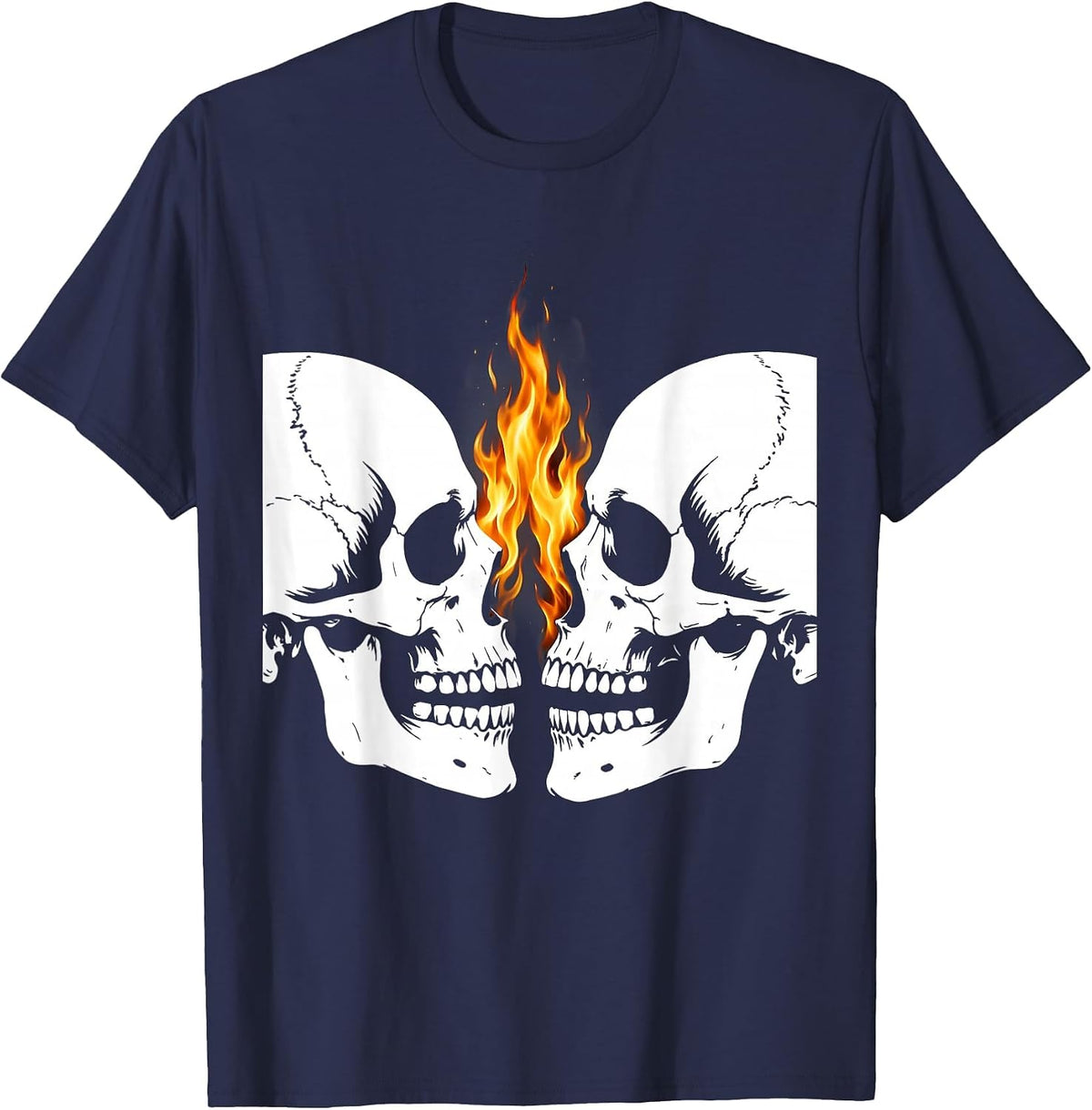 Dual Skull Flames Metal Band Graphic Design T-Shirt - Navy Blue
