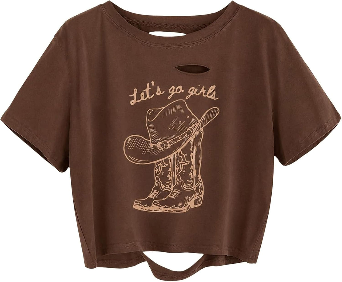 TIXOM Women Country Music Graphic Distressed Tee Shirt Sexy Ripped Short Sleeve Crop Tops - 01brown1