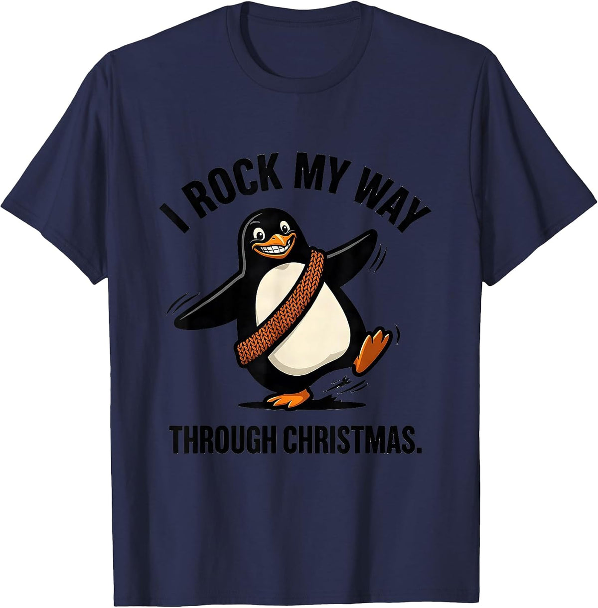 I Rock My Way Through Christmas Funny Ugly Christmas Penguin T-Shirt - Navy Blue