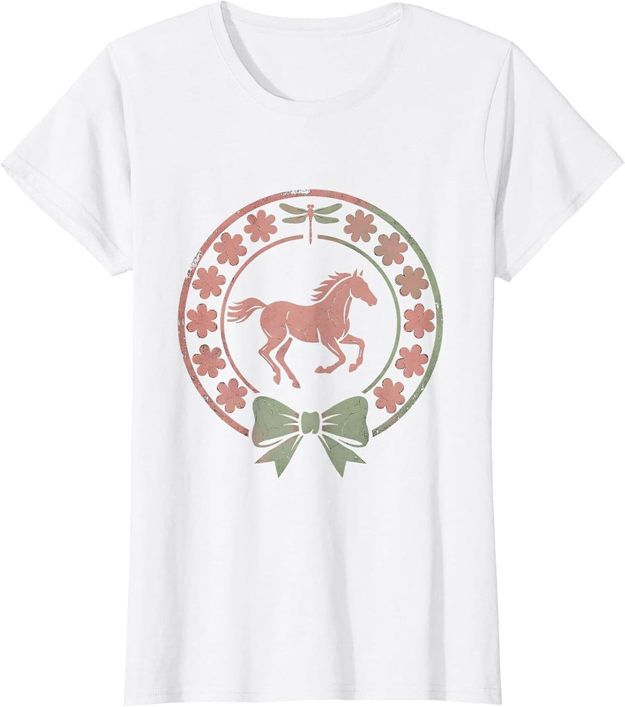 Women's Pink Cowgirl Wild Horse Wildflower Field Design T-Shirt - White