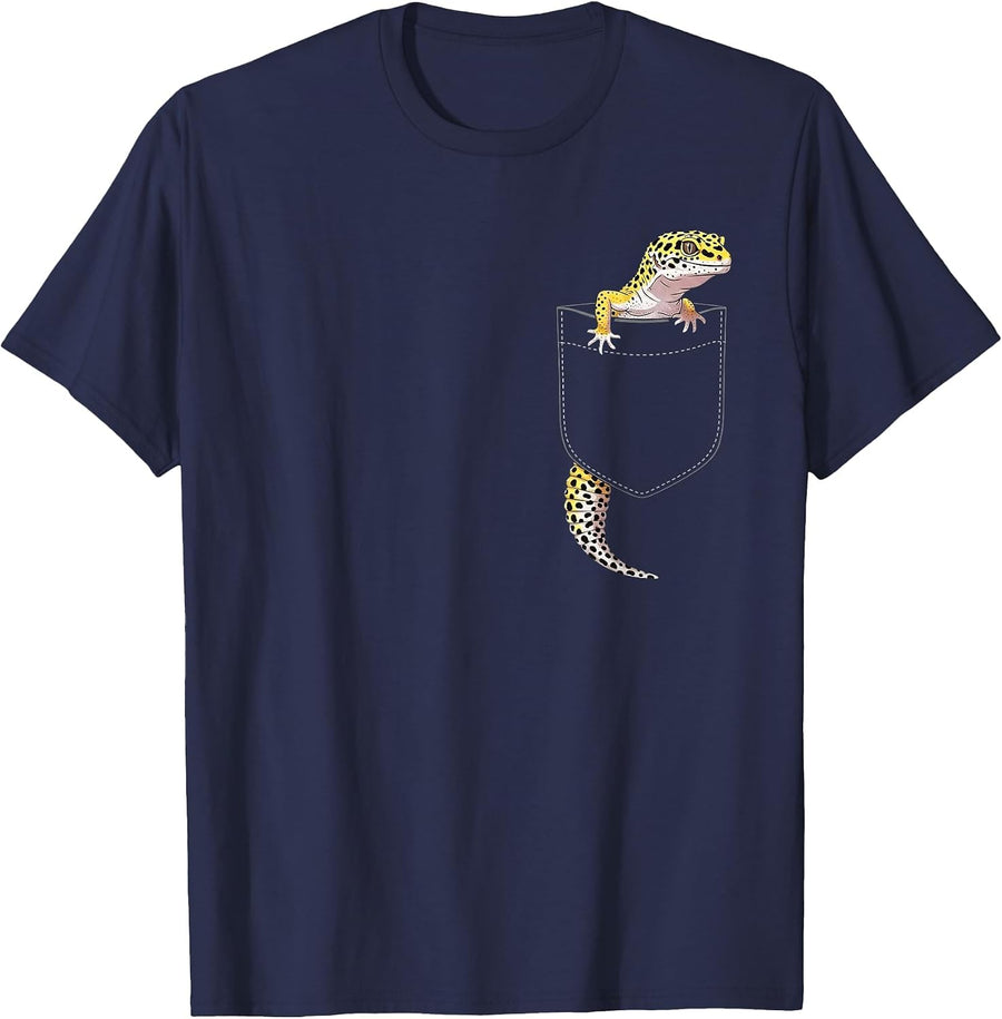 Cute Lizard Reptile Leopard Gecko Costume Pocket Men Women T-Shirt - Navy Blue