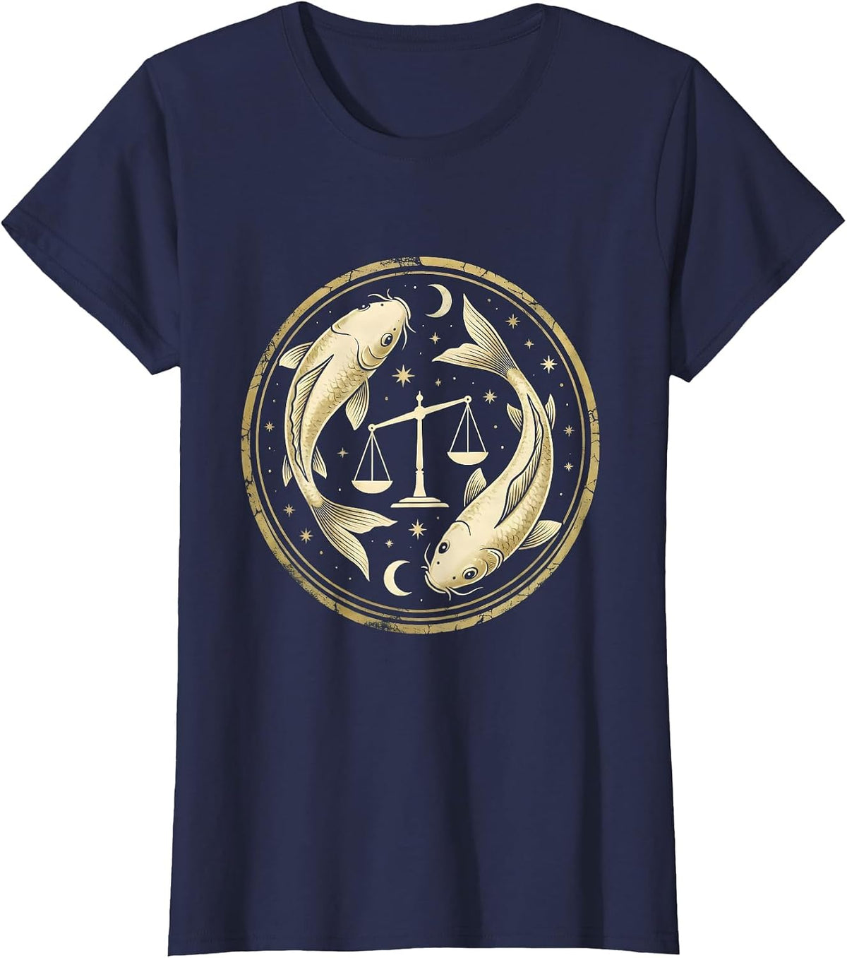 Women's Libra Koi Fish Balance Scale Zodiac Design T-Shirt - Navy Blue