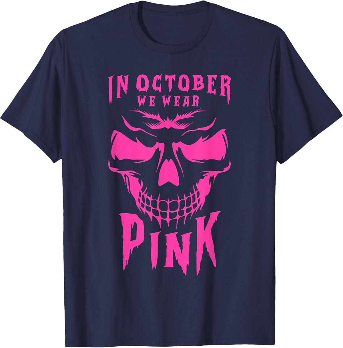 Breast Cancer Awareness Month Halloween Skull Pink Ribbon T-Shirt - Navy Blue