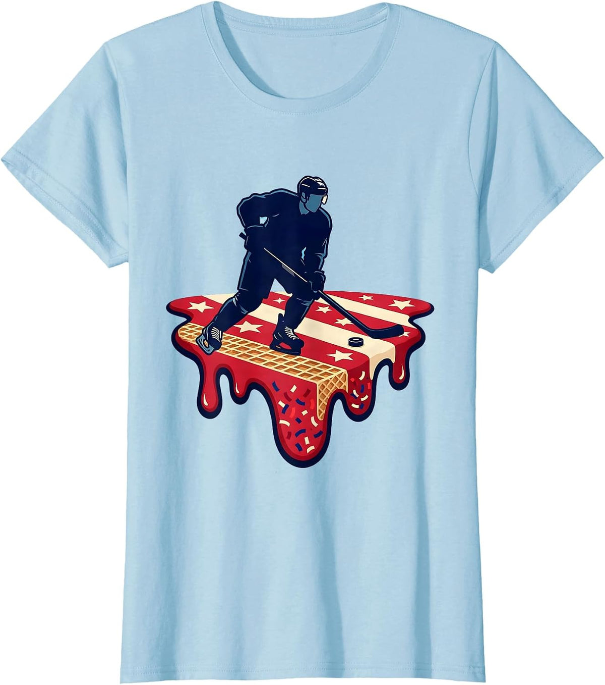 Women's Hockey Skater Ice Cream Drip Patriotic Boys 4th Of July T-Shirt - Baby Blue