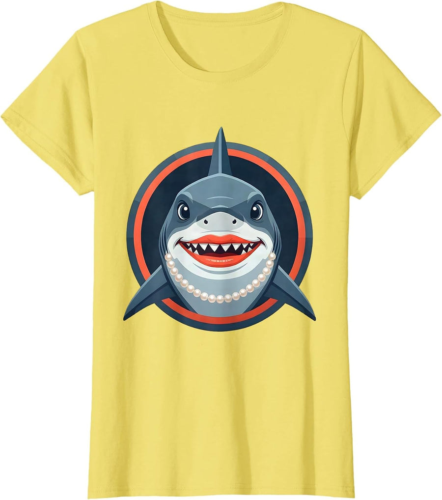 Mommy Shark Pearl Necklace Lipstick Graphic T-Shirt - Lemon Yellow