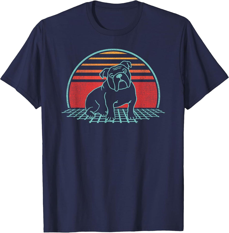 English Bulldog Lover Dog Owner Retro Vintage 80s Style T-Shirt - Navy Blue